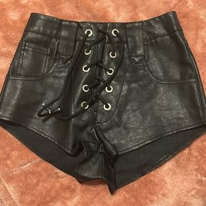 Black Faux Leather Tie Shorts